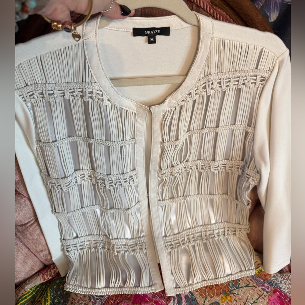 Grayse unique and rare leather fringe crop jacket blazer Marie and Kelly Gray